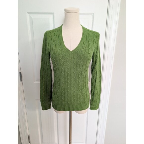 Vtg J Crew Green Cable Knit WOOL ANGORA CASHMERE V Neck Sweater Sz S Y2K Preppy - Picture 1 of 7
